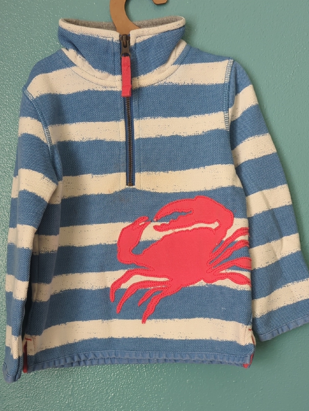 Boden Blue & White Striped Half-Zip Top with Coral Crab